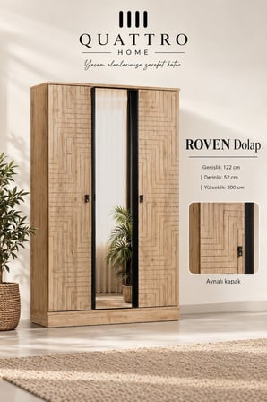 Roven 3 Kapaklı Aynalı Genç Odası Dolabı