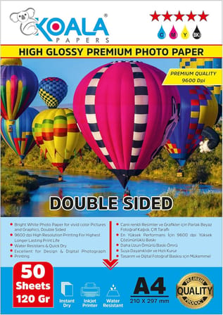 Epson 103 L3256 ile uyumlu Premium Parlak Çift Taraflı double Side A4 Fotoğraf kağıdı 120 gr. 50 Adet