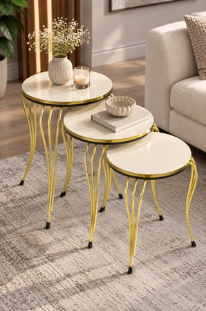SuloraHome Lükens Ayaklı 3'lü Zigon Sehpa Takımı Ekru Krem