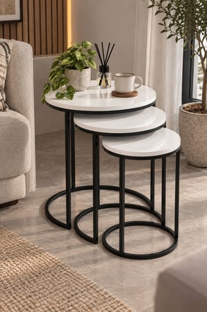 SuloraHome 3'lü Beyaz Zigon Sehpa Seti Siyah Metal Ayaklı
