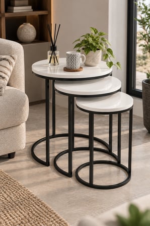 SuloraHome 3'lü Beyaz Zigon Sehpa Seti Siyah Metal Ayaklı