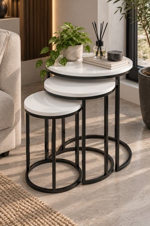 SuloraHome 3'lü Beyaz Zigon Sehpa Seti Siyah Metal Ayaklı