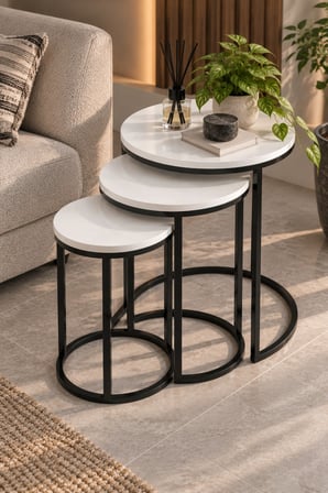 SuloraHome 3'lü Beyaz Zigon Sehpa Seti Siyah Metal Ayaklı