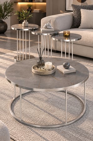SuloraHome Gordion Griye Gümüş Metal Ayaklı 4'lü Sehpa Seti