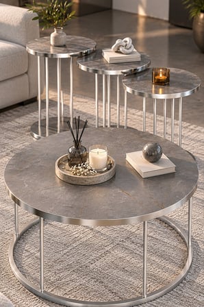 SuloraHome Gordion Griye Gümüş Metal Ayaklı 4'lü Sehpa Seti