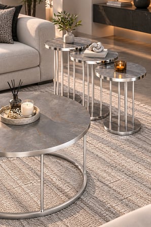 SuloraHome Gordion Griye Gümüş Metal Ayaklı 4'lü Sehpa Seti