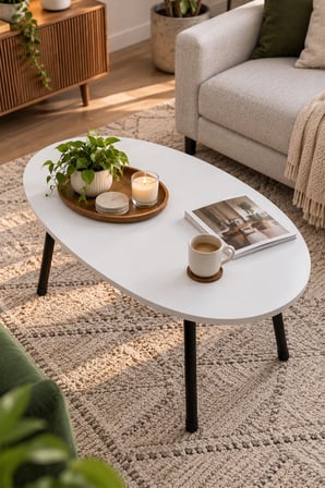 SuloraHome Metal Ayaklı Oval Beyaz Orta Sehpa