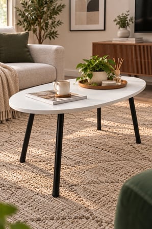 SuloraHome Metal Ayaklı Oval Beyaz Orta Sehpa