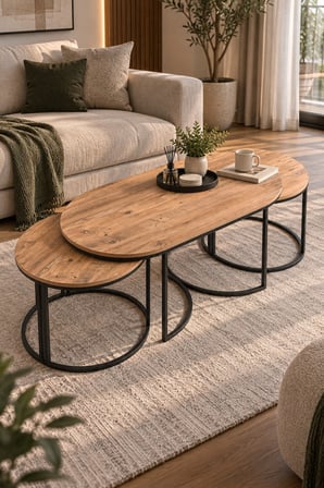 SuloraHome Ceviz Desenli 3'lü Oval Sehpa Seti Kahverengi