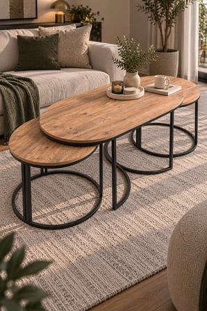 SuloraHome Ceviz Desenli 3'lü Oval Sehpa Seti Kahverengi