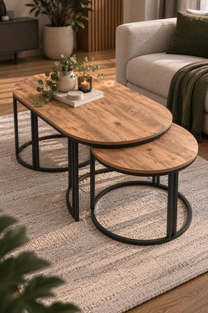 SuloraHome Ceviz Desenli 3'lü Oval Sehpa Seti Kahverengi