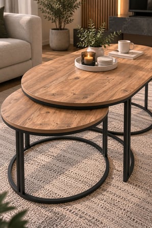 SuloraHome Ceviz Desenli 3'lü Oval Sehpa Seti Kahverengi