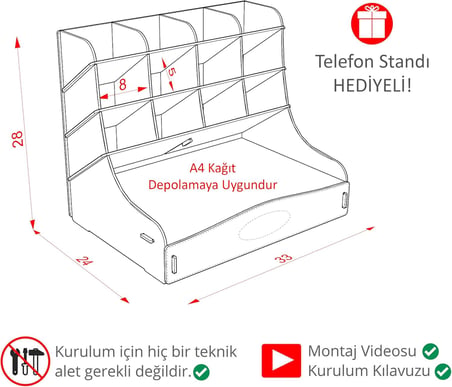 Mingitav Chamber 12 Gözlü Büyük Boy Masaüstü Kalemlik Düzenleyici, Masaüstü Organizer Çekmeceli A4 Evrak Rafı (Beyaz)