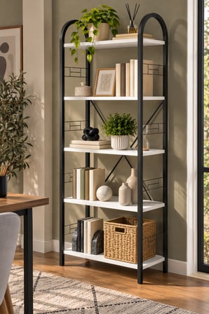 SuloraHome Beyaz Metal İskeletli 5 Raflı Kitaplık ve Dekoratif Raf Ünitesi