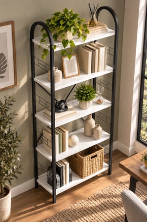 SuloraHome Beyaz Metal İskeletli 5 Raflı Kitaplık ve Dekoratif Raf Ünitesi