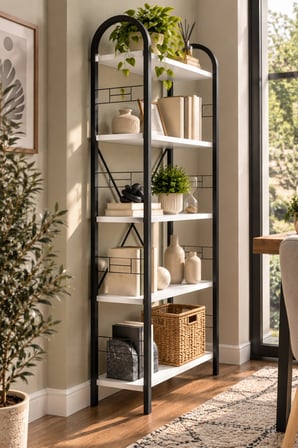 SuloraHome Beyaz Metal İskeletli 5 Raflı Kitaplık ve Dekoratif Raf Ünitesi