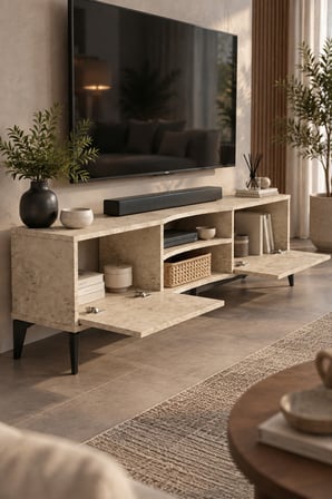 SuloraHome Ekru Traverten Desenli Suntalam TV Sehpası 160x35 cm