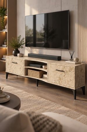 SuloraHome Ekru Traverten Desenli Suntalam TV Sehpası 160x35 cm