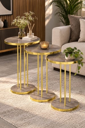 SuloraHome 3'lü Yuvarlak Zigon Sehpa Takımı Çam Kahverengi ve Gold Metal Ayaklı