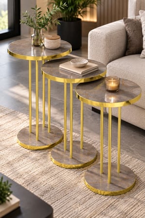 SuloraHome 3'lü Yuvarlak Zigon Sehpa Takımı Çam Kahverengi ve Gold Metal Ayaklı