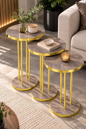 SuloraHome 3'lü Yuvarlak Zigon Sehpa Takımı Çam Kahverengi ve Gold Metal Ayaklı