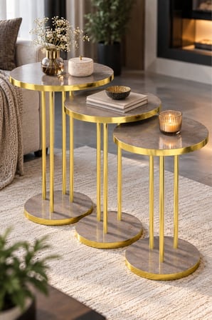 SuloraHome 3'lü Yuvarlak Zigon Sehpa Takımı Çam Kahverengi ve Gold Metal Ayaklı