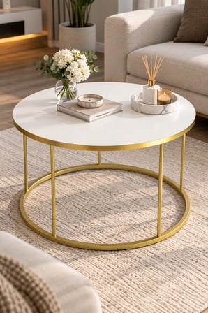 SuloraHome Beyaz Yuvarlak Çekmeceli Orta Sehpa Gold Ayaklı