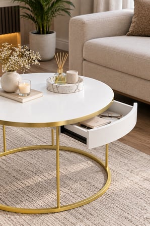 SuloraHome Beyaz Yuvarlak Çekmeceli Orta Sehpa Gold Ayaklı