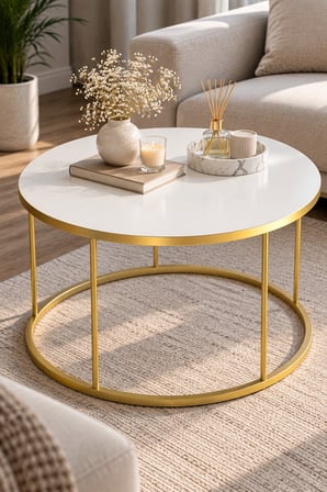 SuloraHome Beyaz Yuvarlak Çekmeceli Orta Sehpa Gold Ayaklı