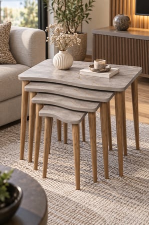 SuloraHome Torna Ayaklı Gri Traverten Desenli 4'lü Zigon Sehpa Seti