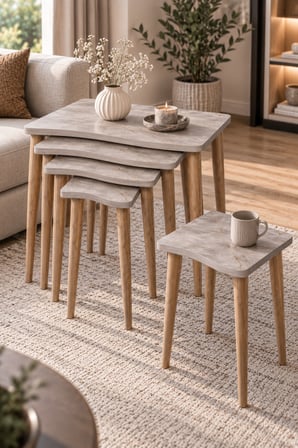 SuloraHome Torna Ayaklı Gri Traverten Desenli 4'lü Zigon Sehpa Seti