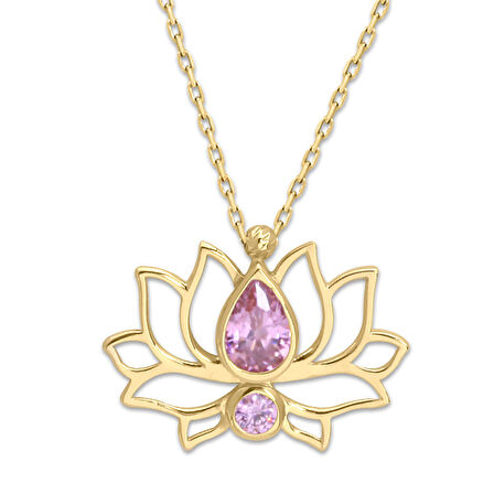 Pembe Taşlı Altın Lotus Çiçeği Kolye