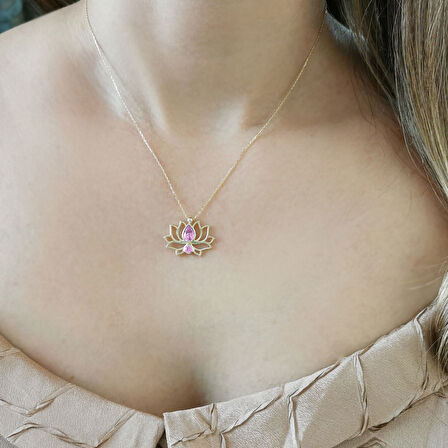 Pembe Taşlı Altın Lotus Çiçeği Kolye