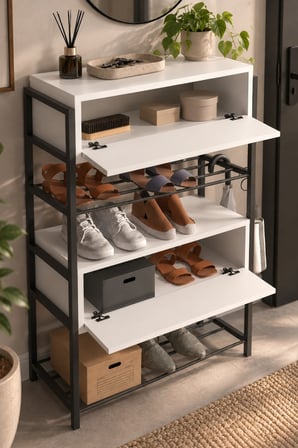 SuloraHome Beyaz Kapaklı Metal Gövdeli Ayakkabılık Dresuar