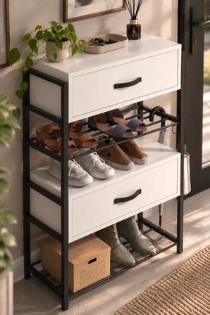 SuloraHome Beyaz Kapaklı Metal Gövdeli Ayakkabılık Dresuar