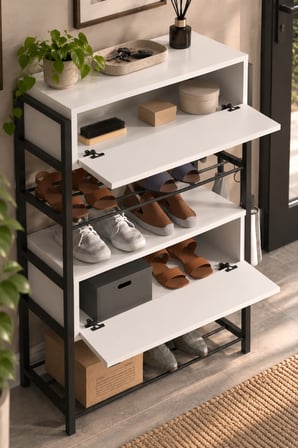 SuloraHome Beyaz Kapaklı Metal Gövdeli Ayakkabılık Dresuar