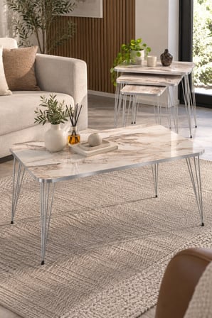 SuloraHome Gümüş Tel Ayaklı Mermer Desenli 4'lü Sehpa Seti Beyaz