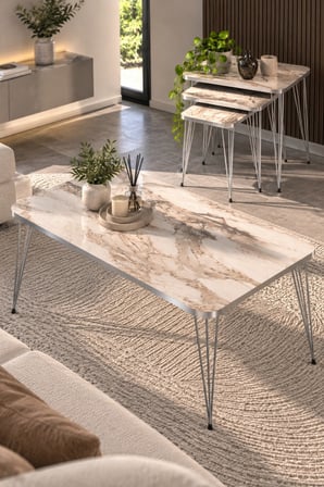 SuloraHome Gümüş Tel Ayaklı Mermer Desenli 4'lü Sehpa Seti Beyaz