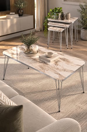 SuloraHome Gümüş Tel Ayaklı Mermer Desenli 4'lü Sehpa Seti Beyaz