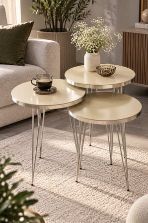 SuloraHome Gümüş Tel Ayaklı Krem Bej 3'lü Zigon Sehpa Takımı