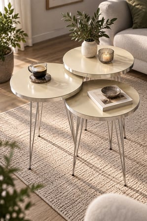SuloraHome Gümüş Tel Ayaklı Krem Bej 3'lü Zigon Sehpa Takımı