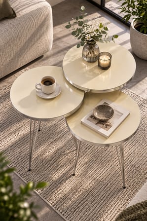 SuloraHome Gümüş Tel Ayaklı Krem Bej 3'lü Zigon Sehpa Takımı