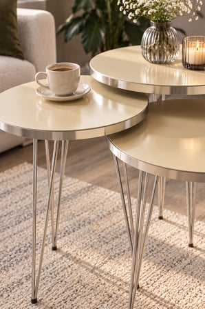 SuloraHome Gümüş Tel Ayaklı Krem Bej 3'lü Zigon Sehpa Takımı