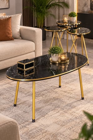 SuloraHome Siyah ve Gold Metal Ayaklı 4'lü Sehpa Seti