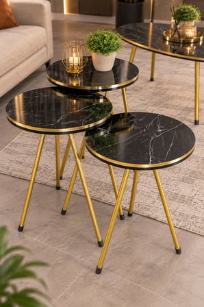 SuloraHome Siyah ve Gold Metal Ayaklı 4'lü Sehpa Seti