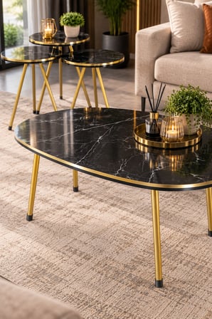 SuloraHome Siyah ve Gold Metal Ayaklı 4'lü Sehpa Seti