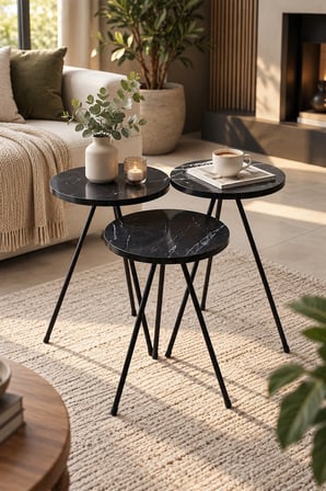 SuloraHome Siyah Metal Ayaklı 3'lü Yuvarlak Zigon Sehpa Takımı