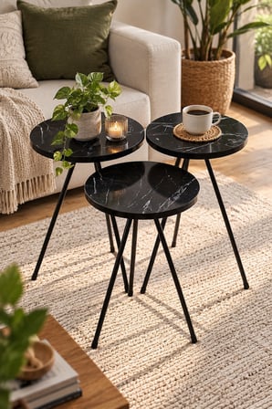SuloraHome Siyah Metal Ayaklı 3'lü Yuvarlak Zigon Sehpa Takımı