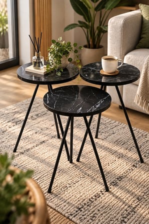 SuloraHome Siyah Metal Ayaklı 3'lü Yuvarlak Zigon Sehpa Takımı