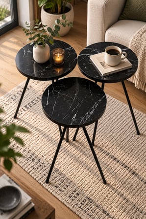 SuloraHome Siyah Metal Ayaklı 3'lü Yuvarlak Zigon Sehpa Takımı